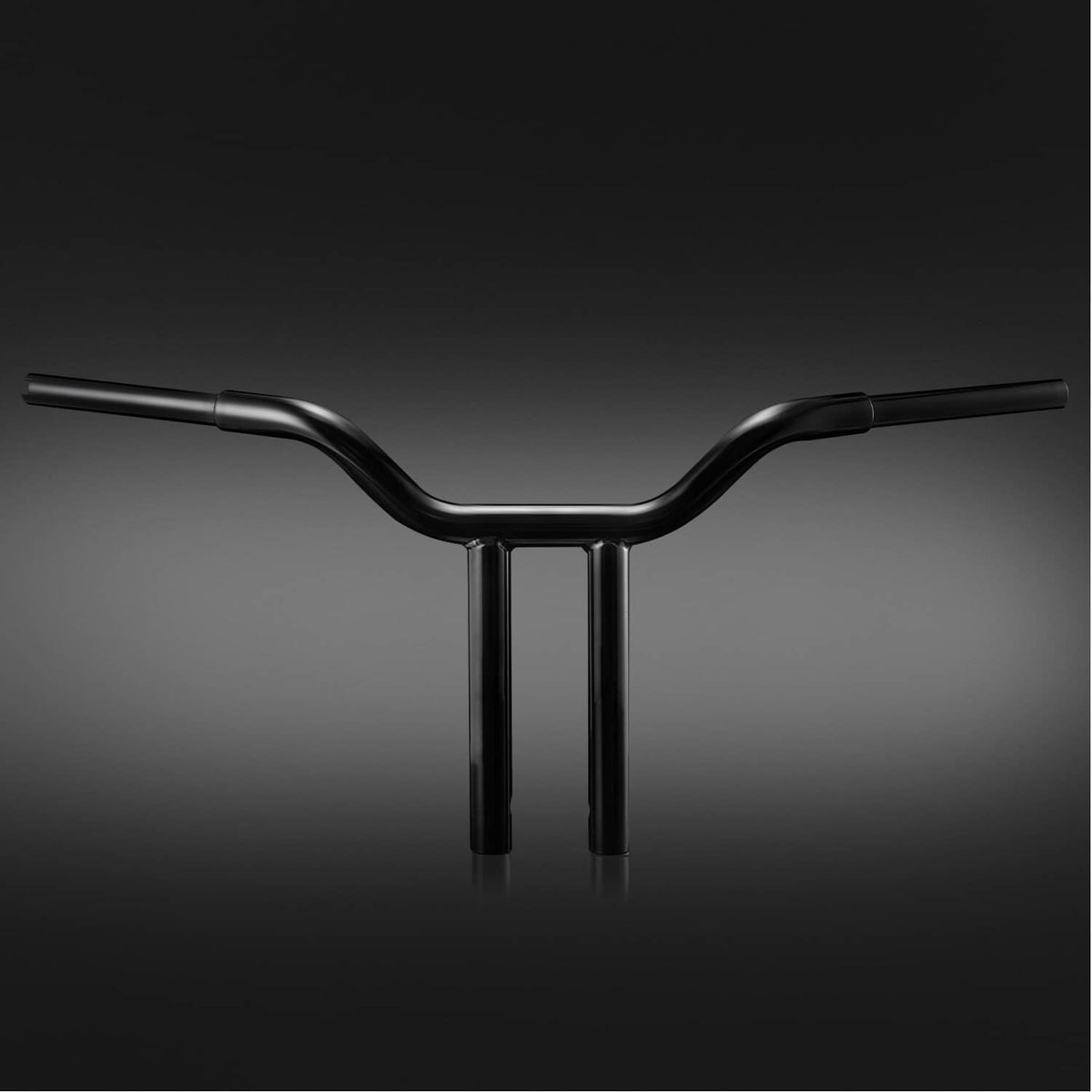 Black T-bar handlebar with central clamp posts and wide sweeping grips, front view