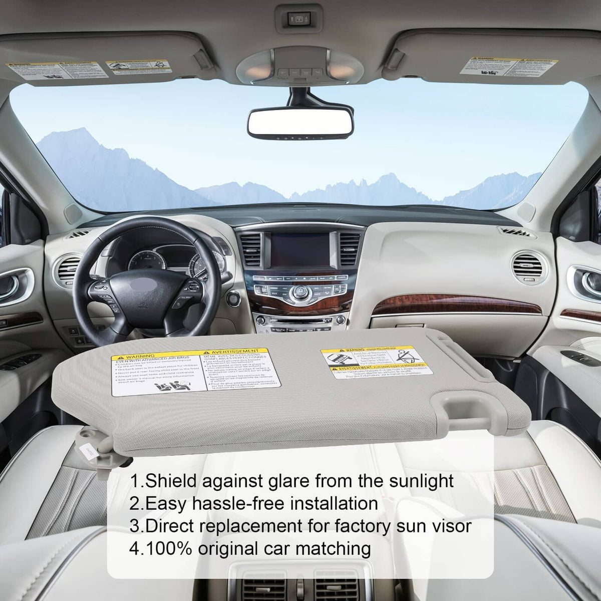 Left driver sun visor in car interior with vanity mirror and light