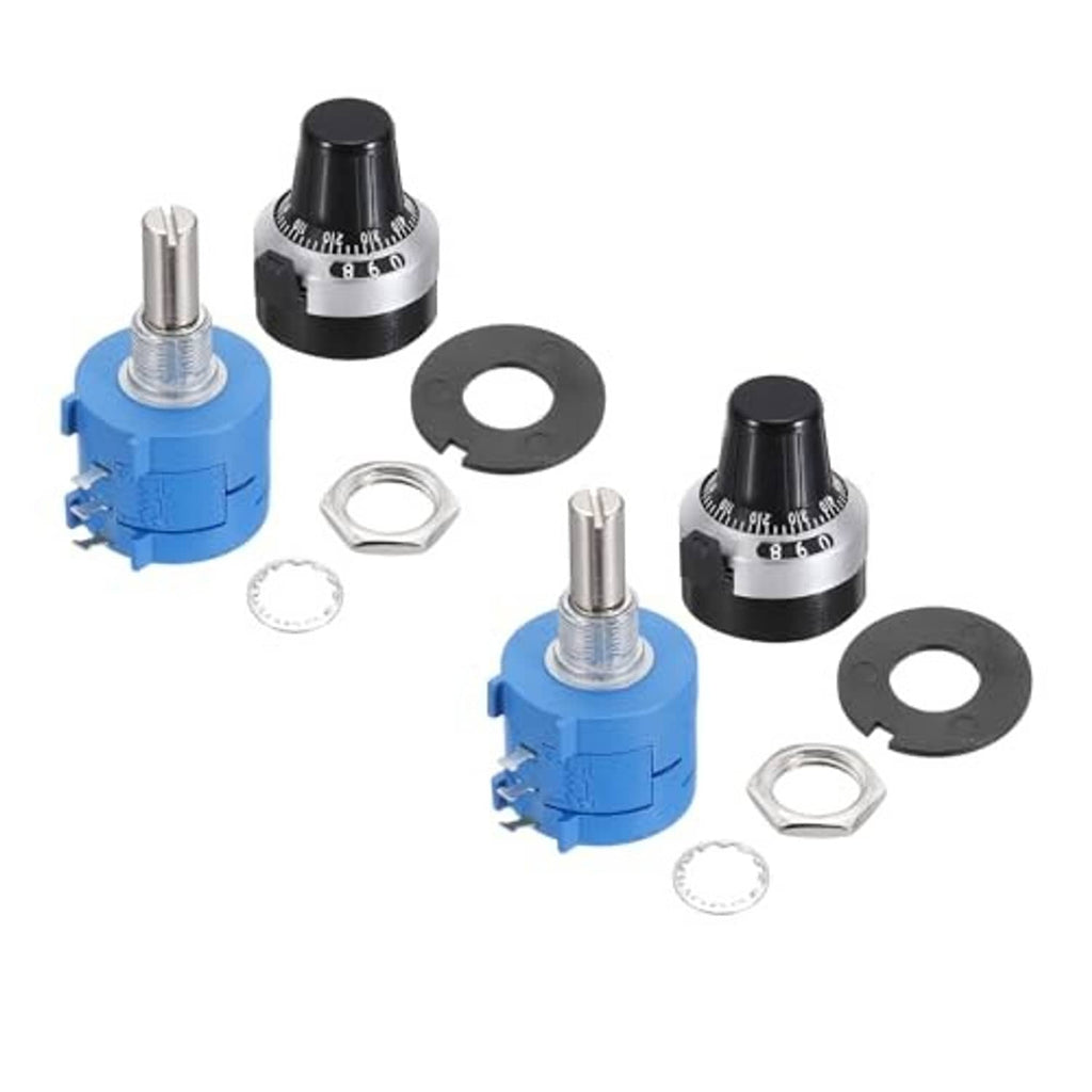 Rotary potentiometer set with two blue base potentiometers, black adjustment knobs, and metal rings