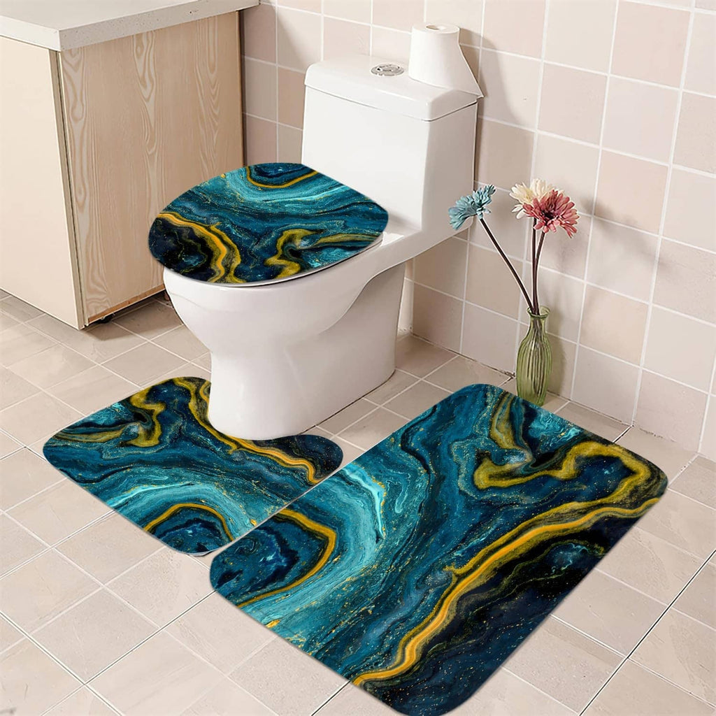 Teal blue marble-pattern bath mat set for toilet and floor with matching rugs