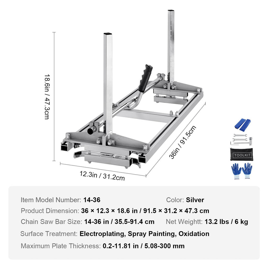 Chainsaw mill with mounting base and tall guide posts, silver metal, blue guide wedges