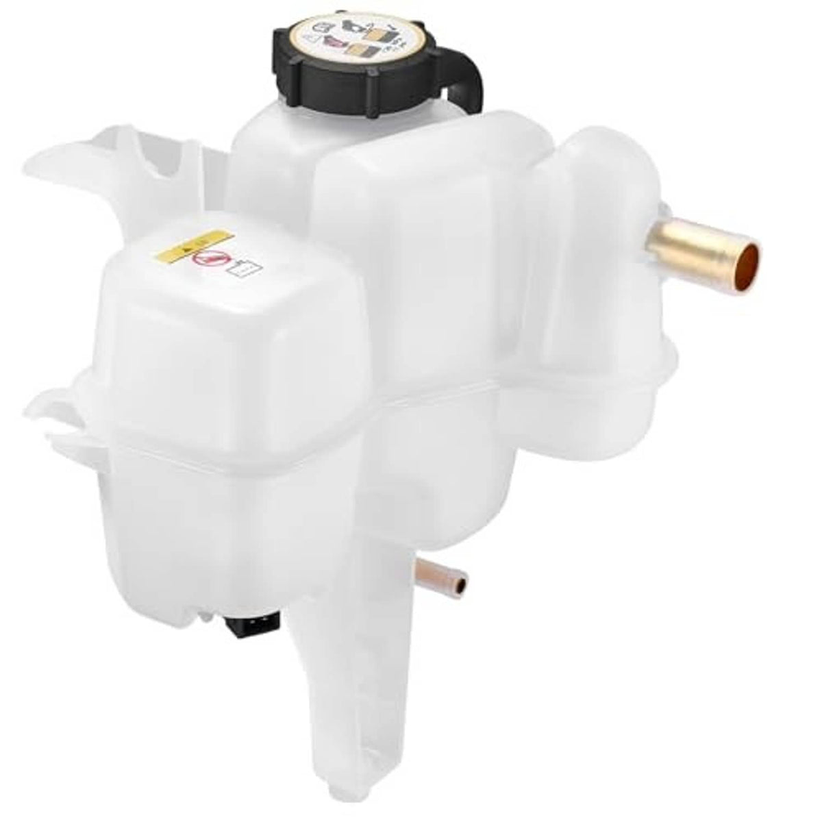 White coolant reservoir tank with black cap, side ports, and brass outlet fitting