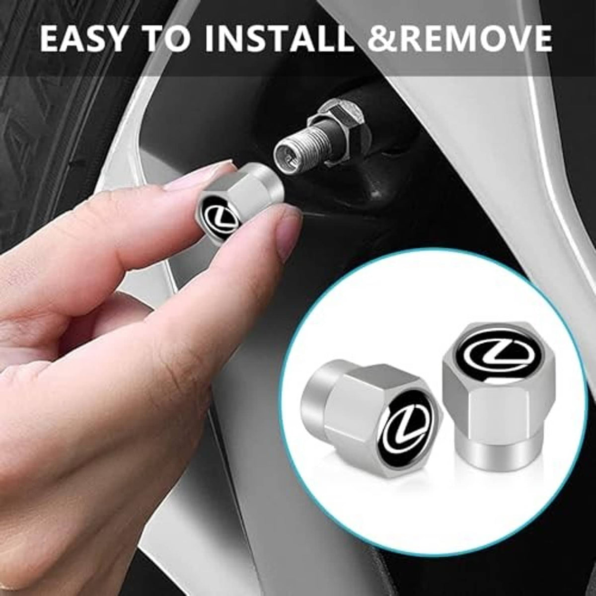 Hand installing silver hex valve stem cap with Lexus logo on wheel