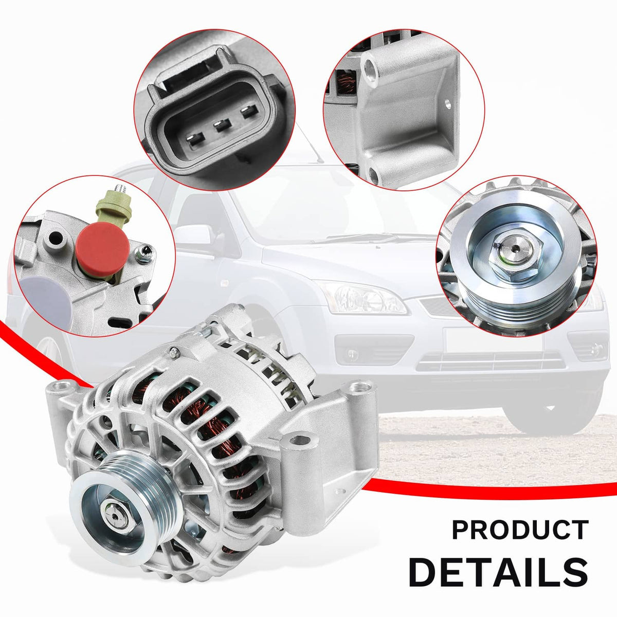 Alternator with front pulley and wiring ports, silver housing, red cap and green plug