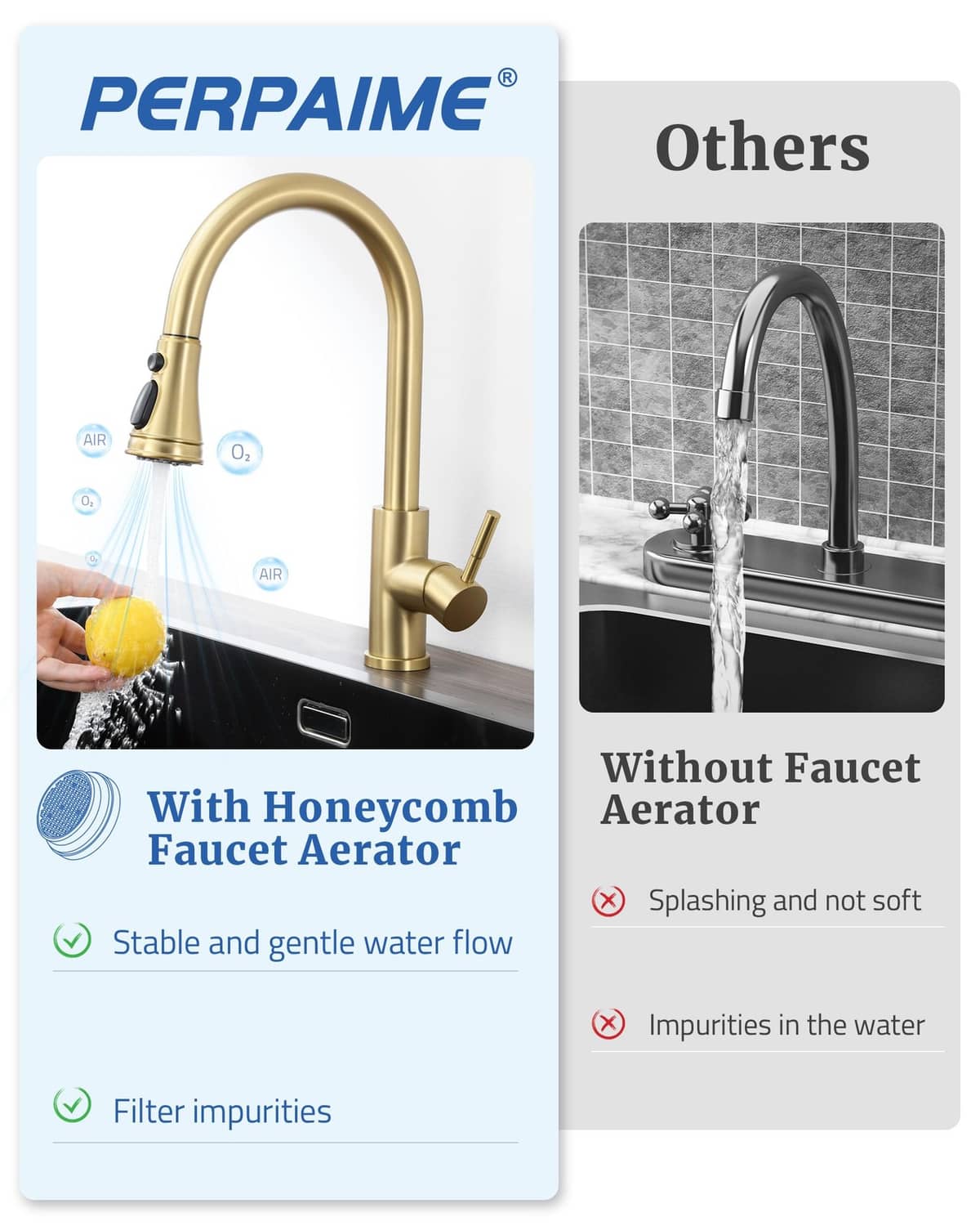Brushed gold sprayer head with built-in honeycomb aerator filter