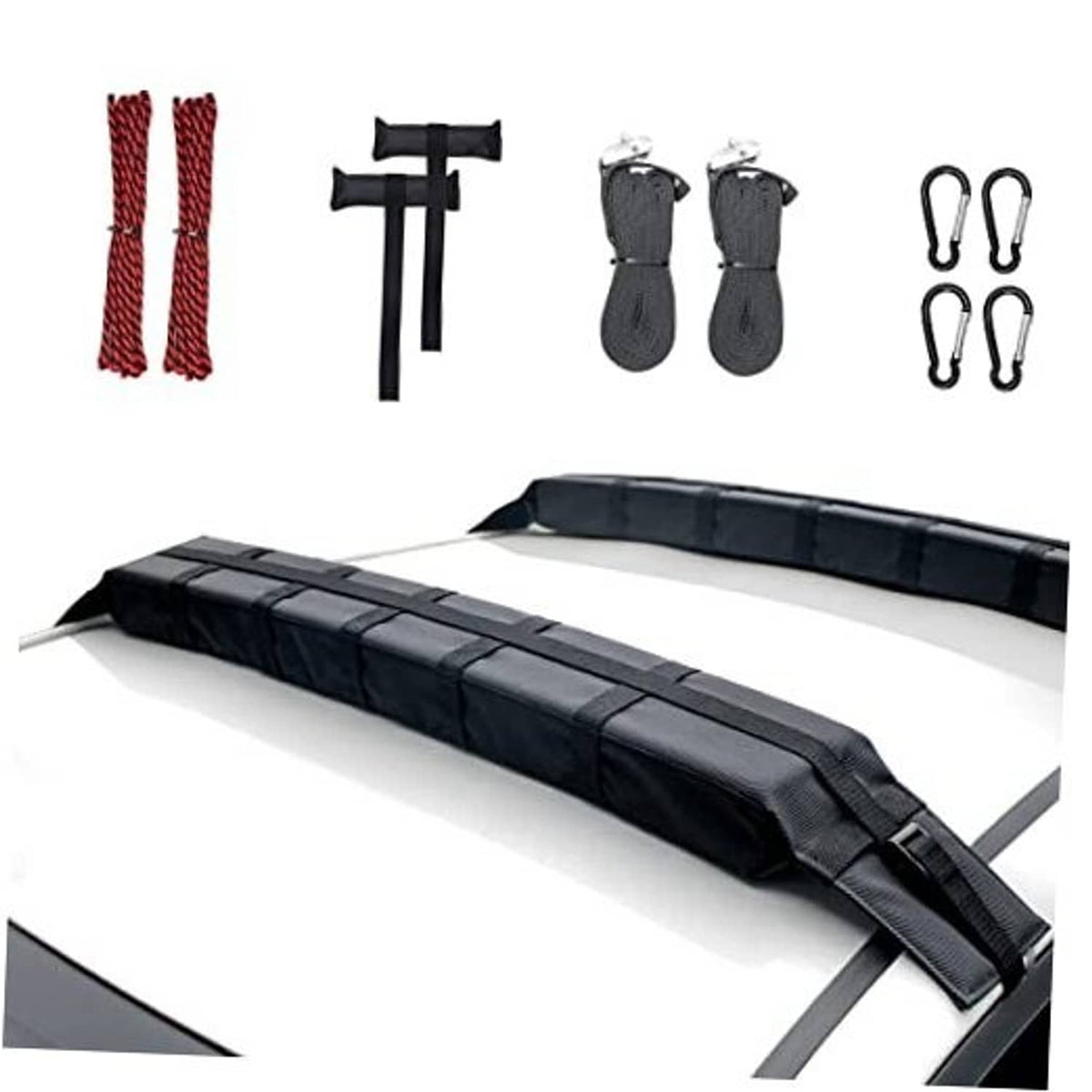Black kayak roof rack pads with strap buckles and included mounting hardware set