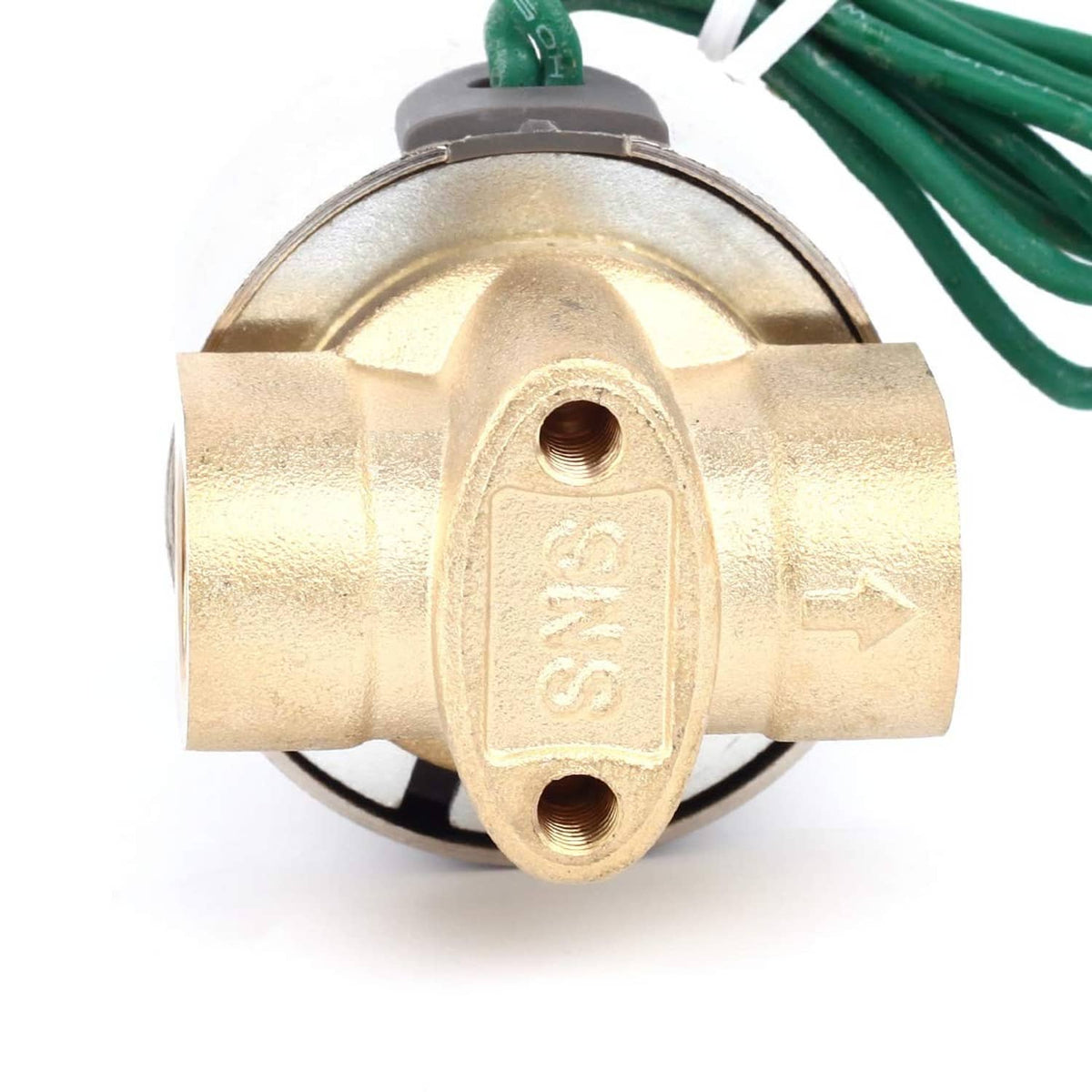 Brass solenoid valve body close-up with ports and green wire