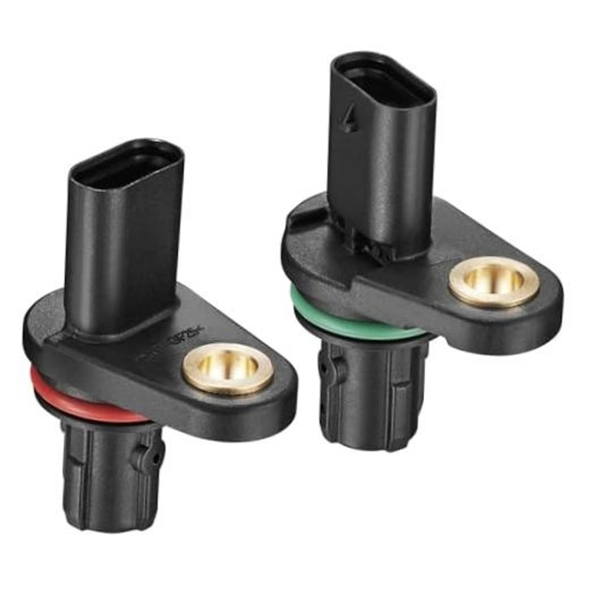 Pair of black camshaft position sensors with electrical connectors and mounting tabs