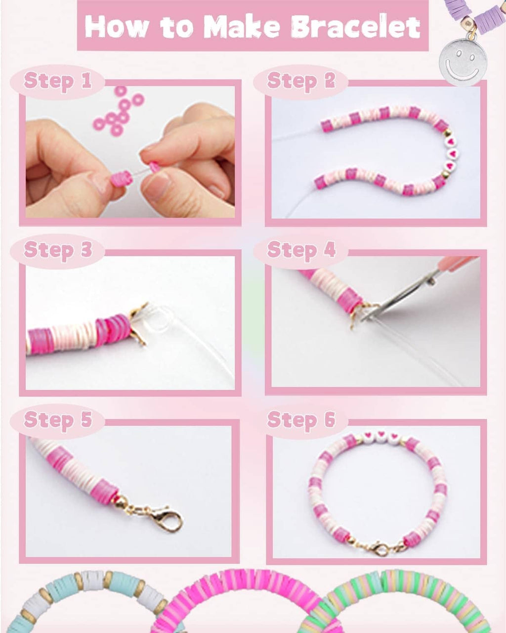Six-step instruction panel for making a bead bracelet with string and charms