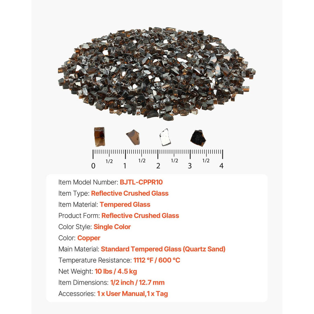 Copper crushed glass fire pit rocks pile with small sample pieces and size scale