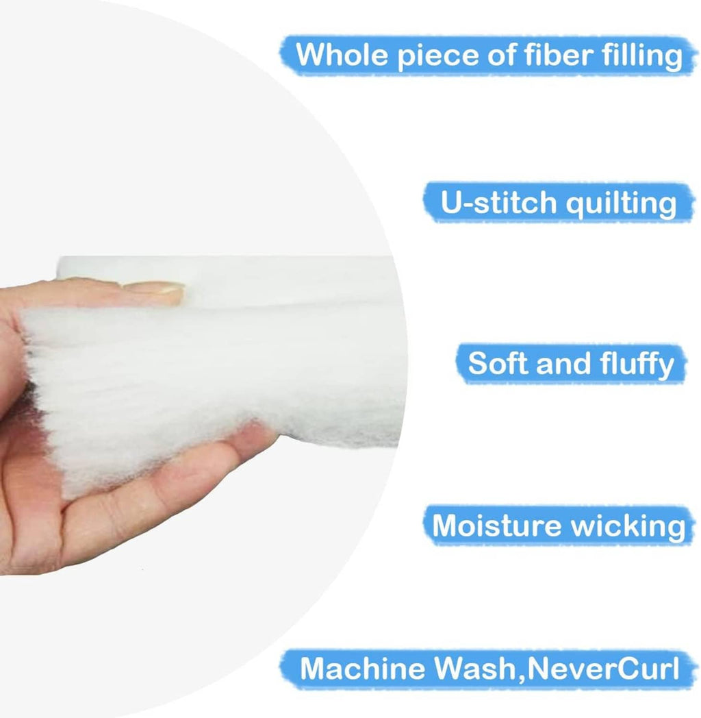 Comforter feature infographic: fiber filling, U-stitch quilting, soft fluffy, moisture wicking