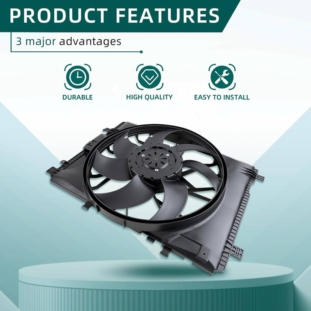 Radiator cooling fan with black fan blades and circular motor hub on cooling frame.