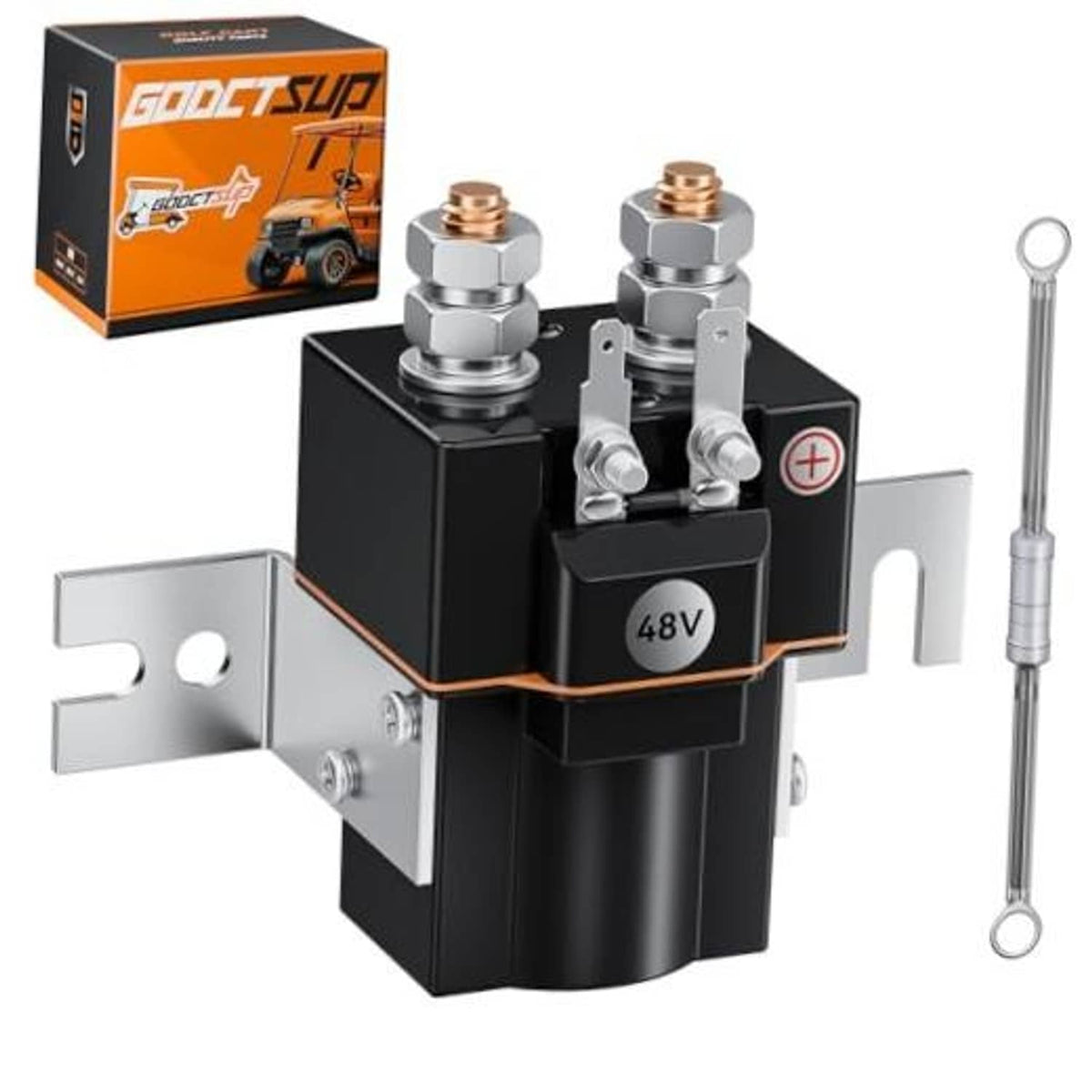 48V electric solenoid with mounting bracket, dual copper terminals and + sign