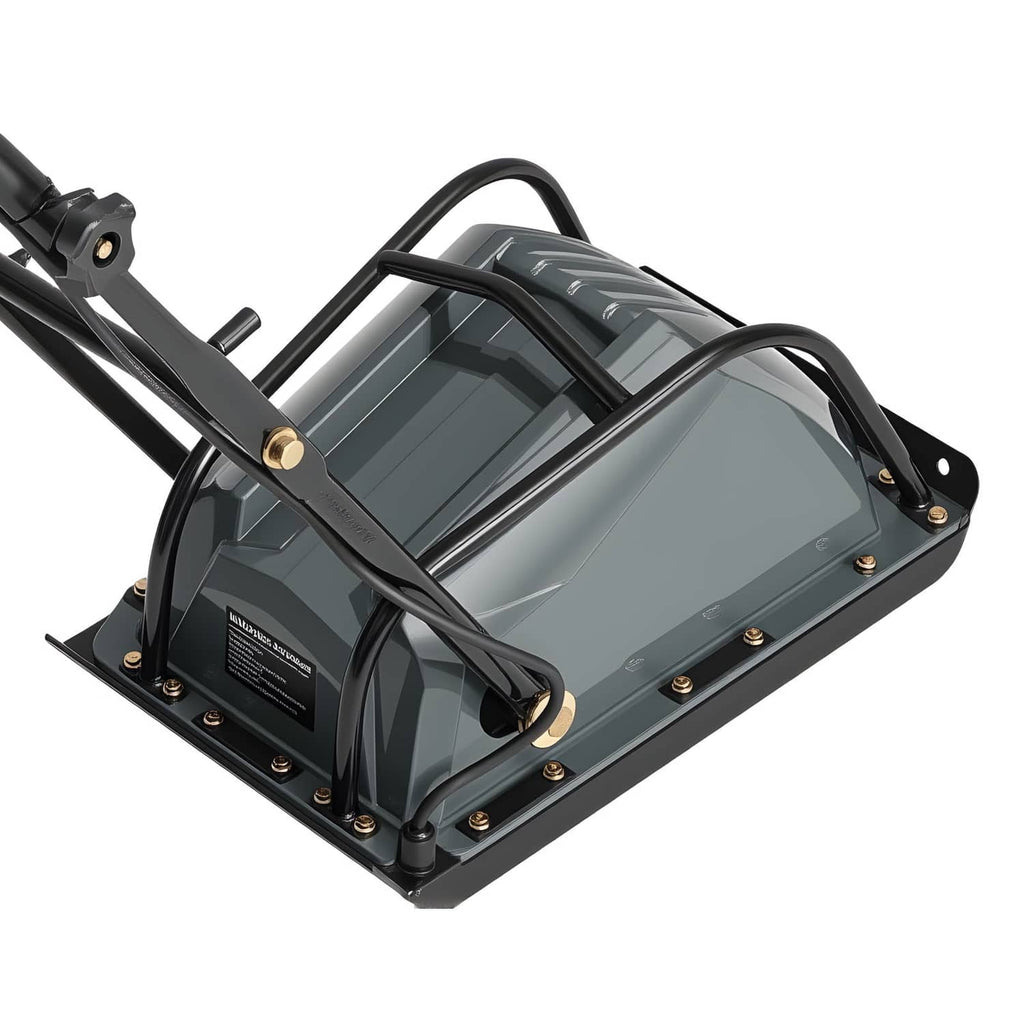 Uimoso electric plate compactor, close side view of base plate and control housing, dark gray
