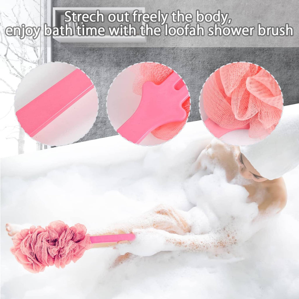 Loofah shower scrubber set with round sponge pads in pink, green, and white