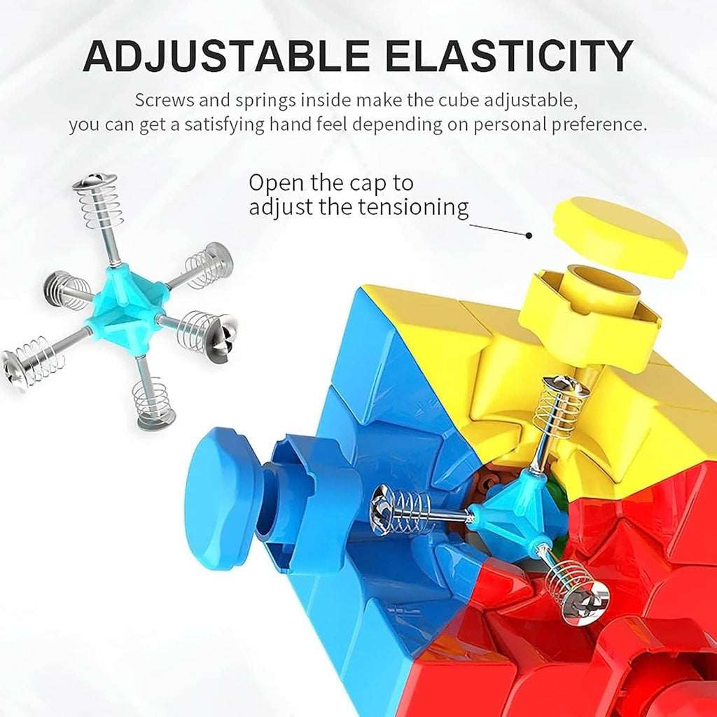Stickerless 3x3 speed cube with blue and yellow layers and visible internal springs