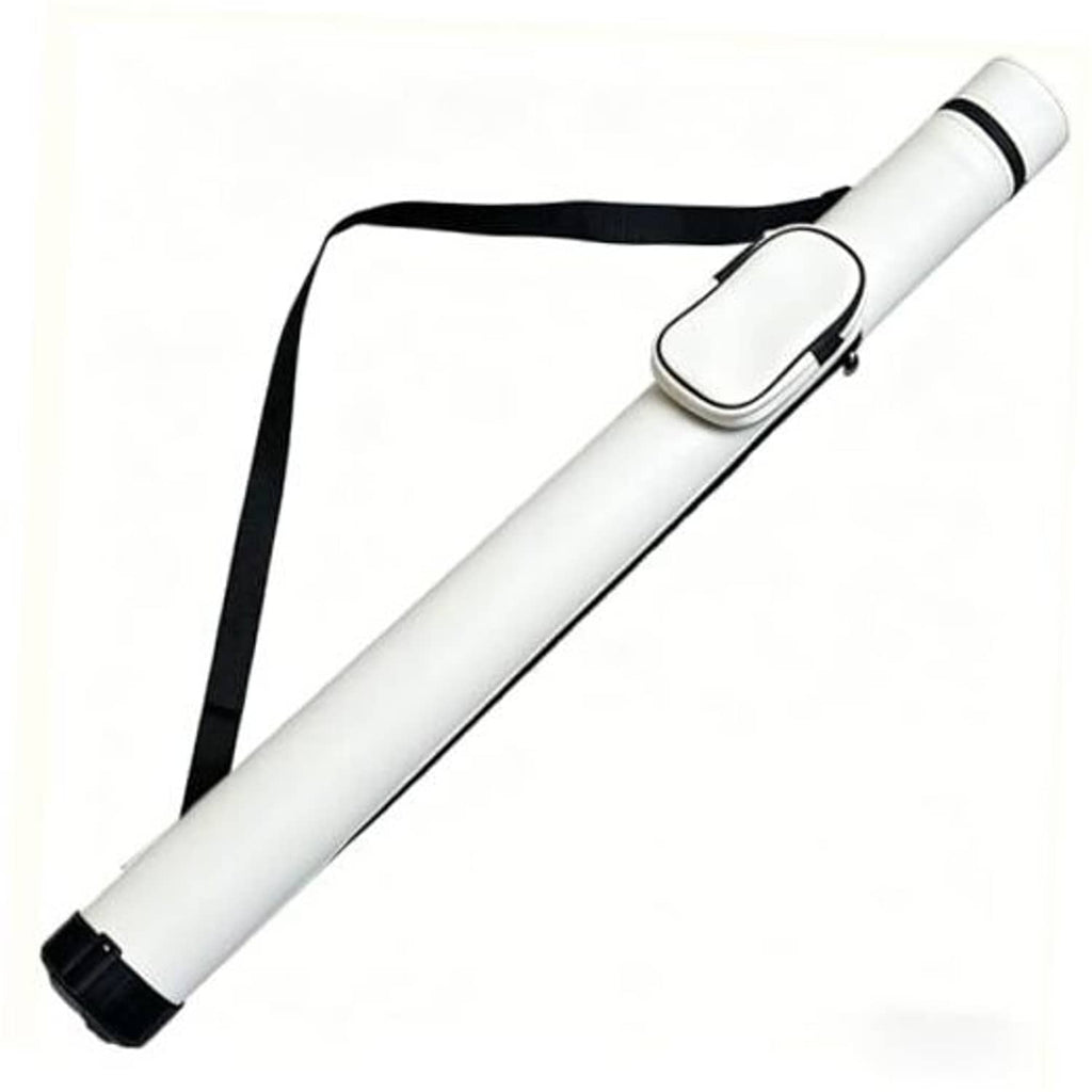 White hard pool cue case with padded end cap and top carry strap