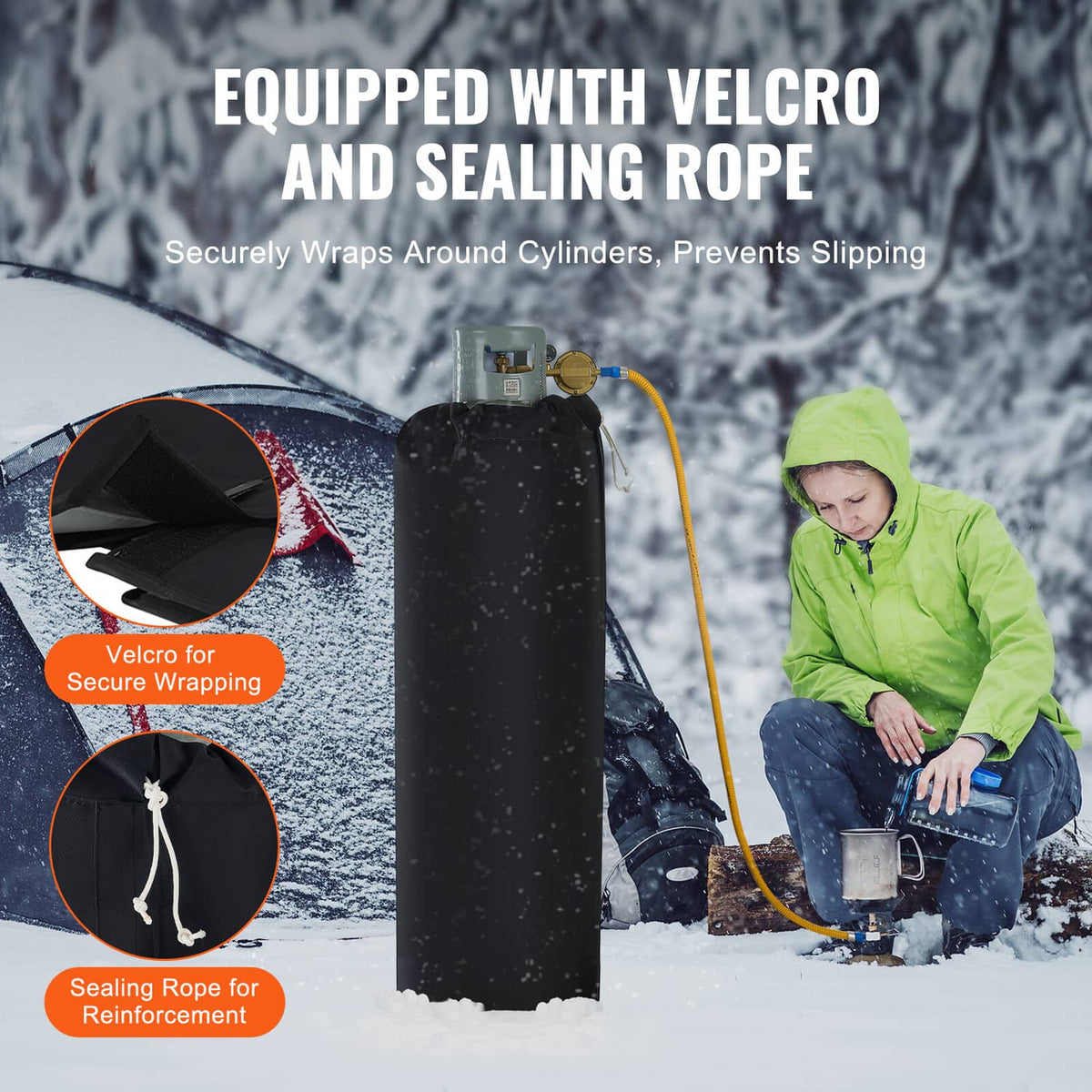 Black insulated gas cylinder warmer cover with Velcro securing detail and sealing rope.