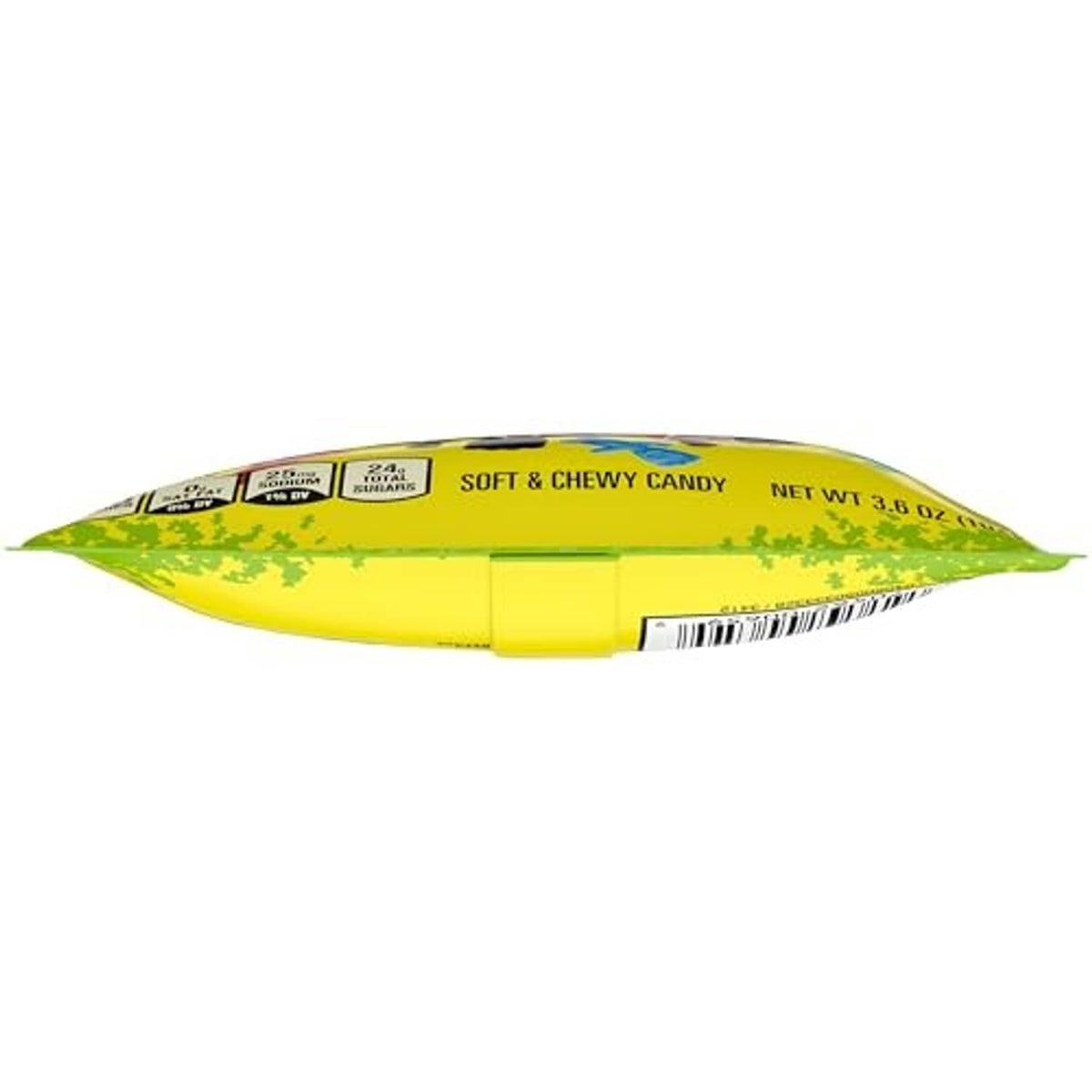 Sour candy bag bottom view with 'Soft & Chewy Candy' text and barcode