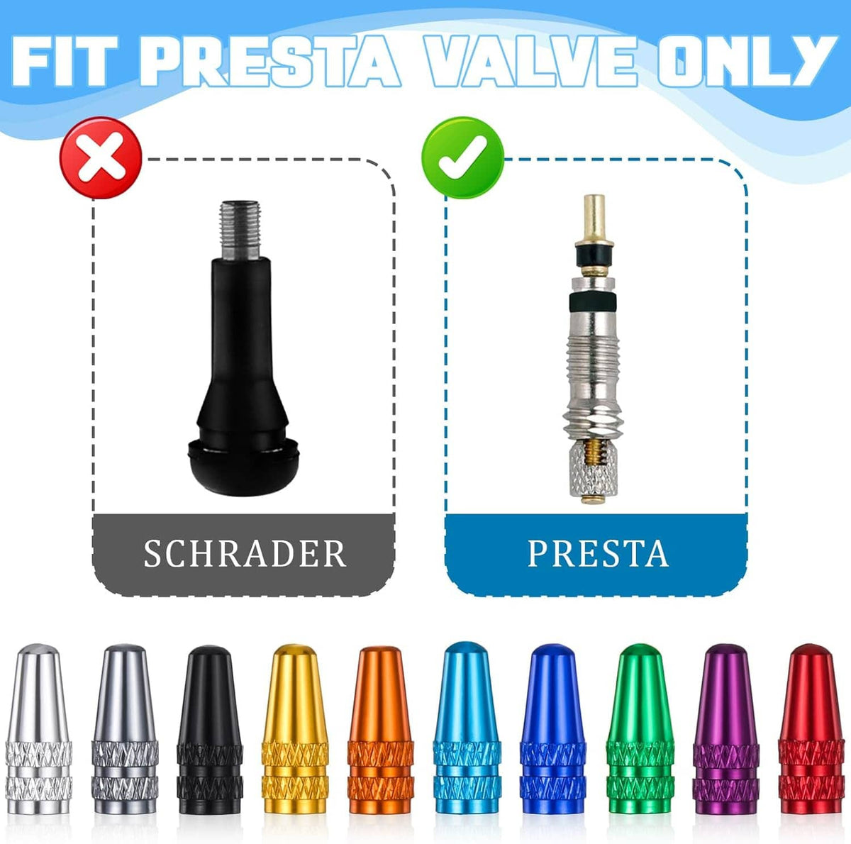 Presta valve caps with metallic silver caps and knurled grip, fit for Presta valves
