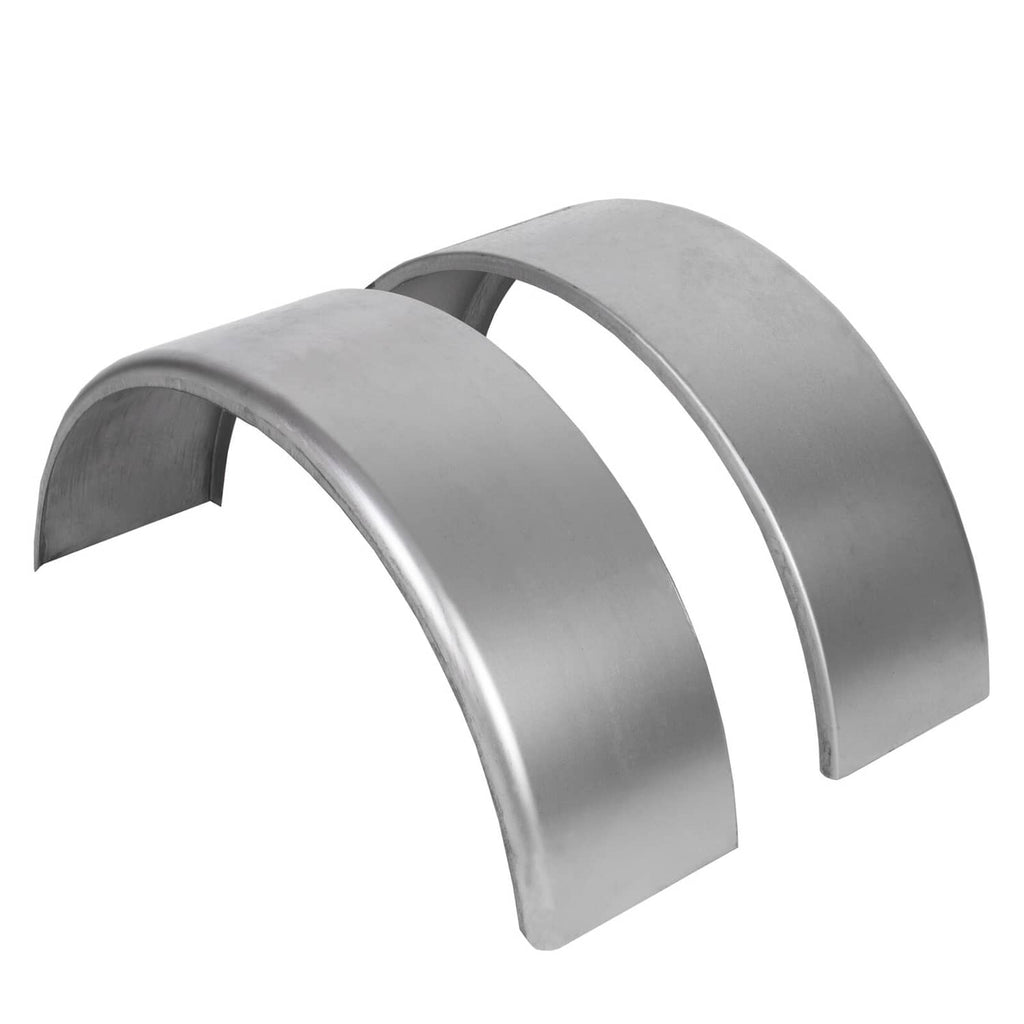 Pair of silver-gray steel round trailer fenders, curved profile