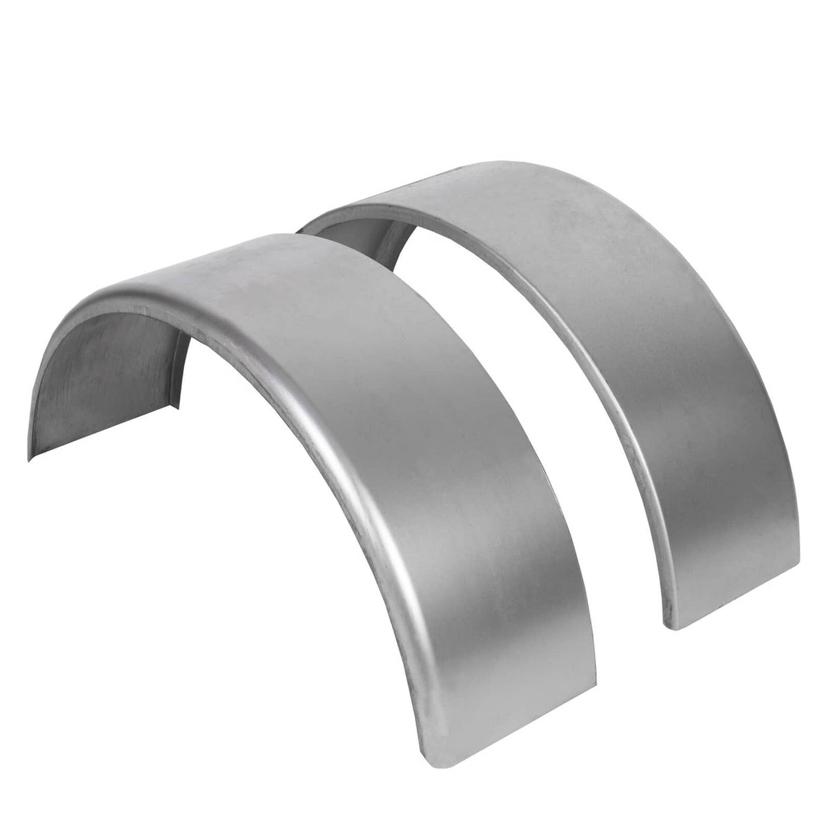 Pair of silver-gray steel round trailer fenders, curved profile