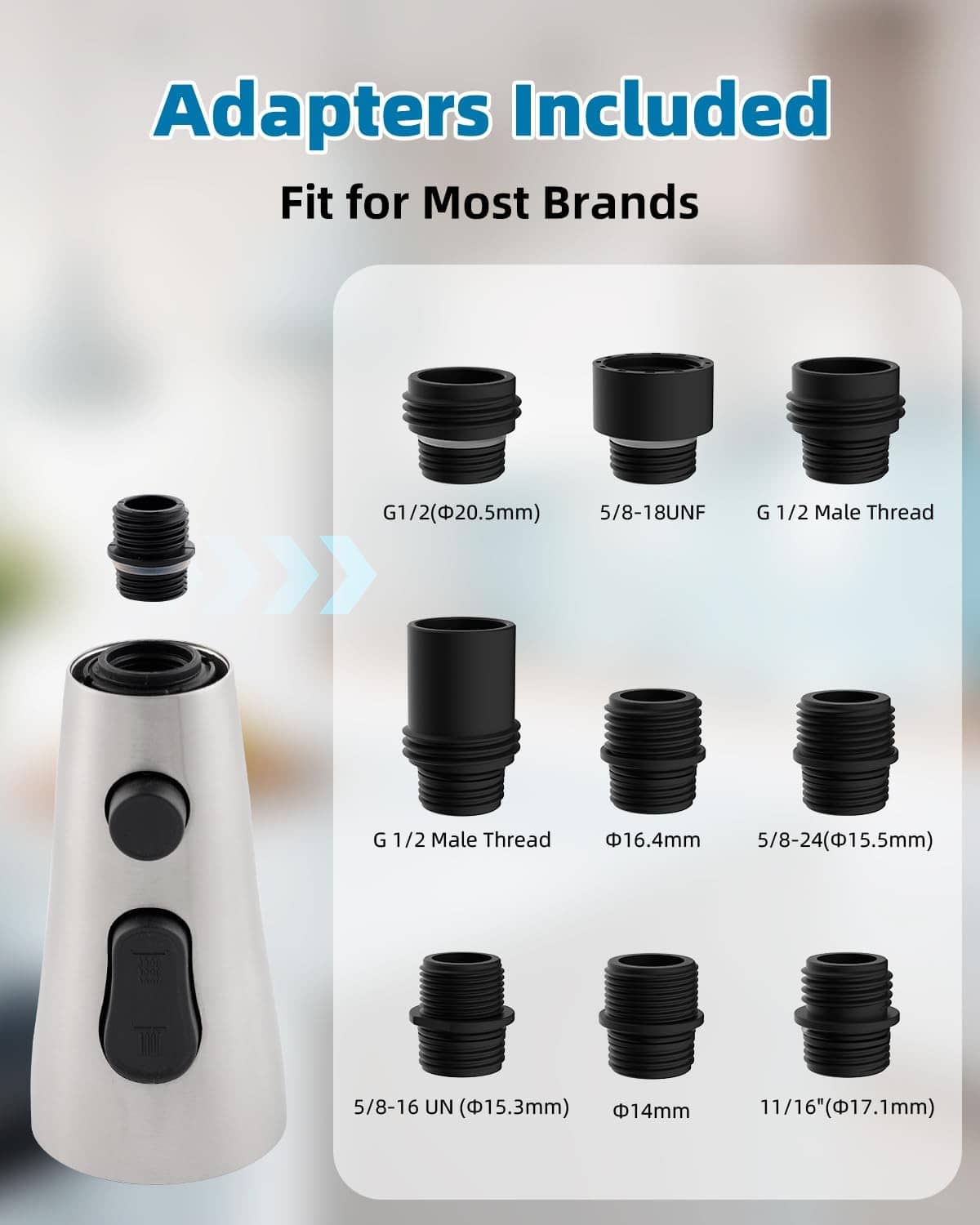 Universal faucet head with adapters included: G1/2, 5/8, and other connector sizes