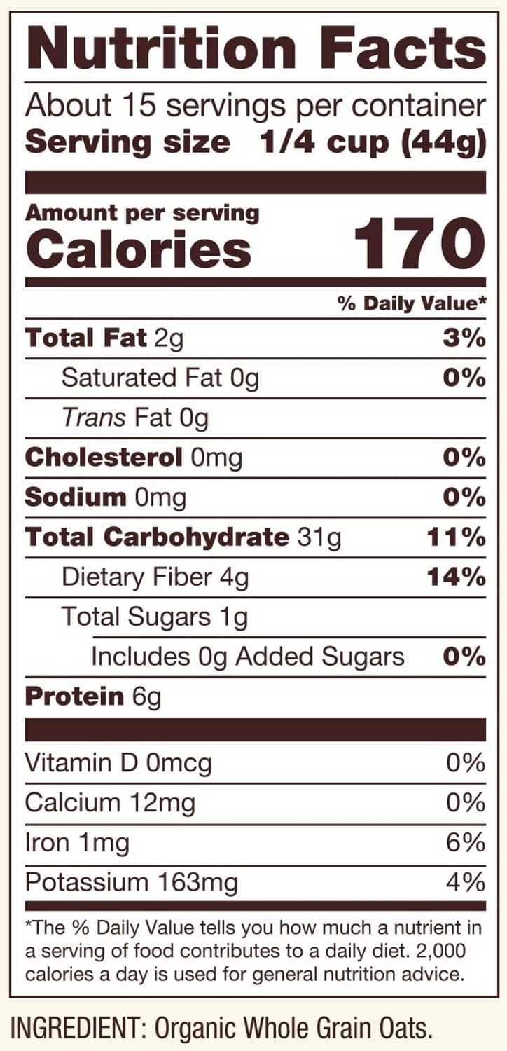 Nutrition Facts panel for organic whole grain oats, 170 calories per serving