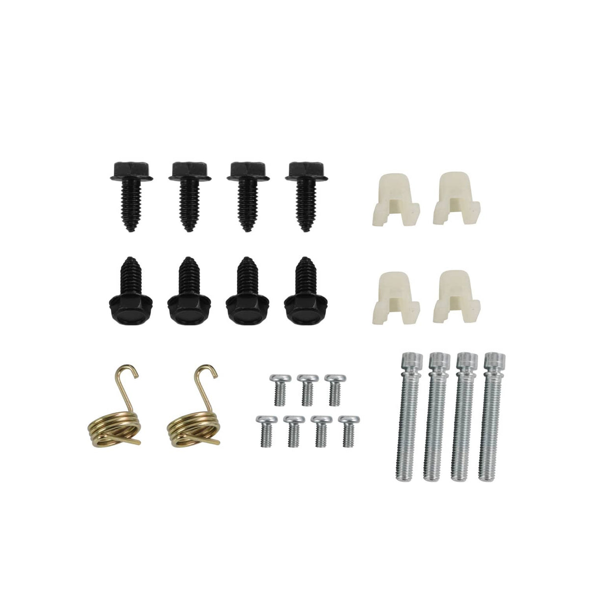 Headlamp mounting hardware kit: screws, clips, and bolts in black and silver
