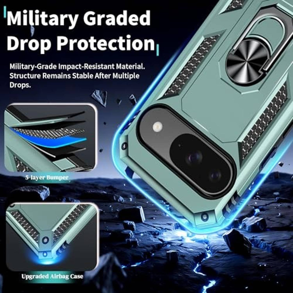 Dark green rugged phone case with reinforced corners and metal ring kickstand