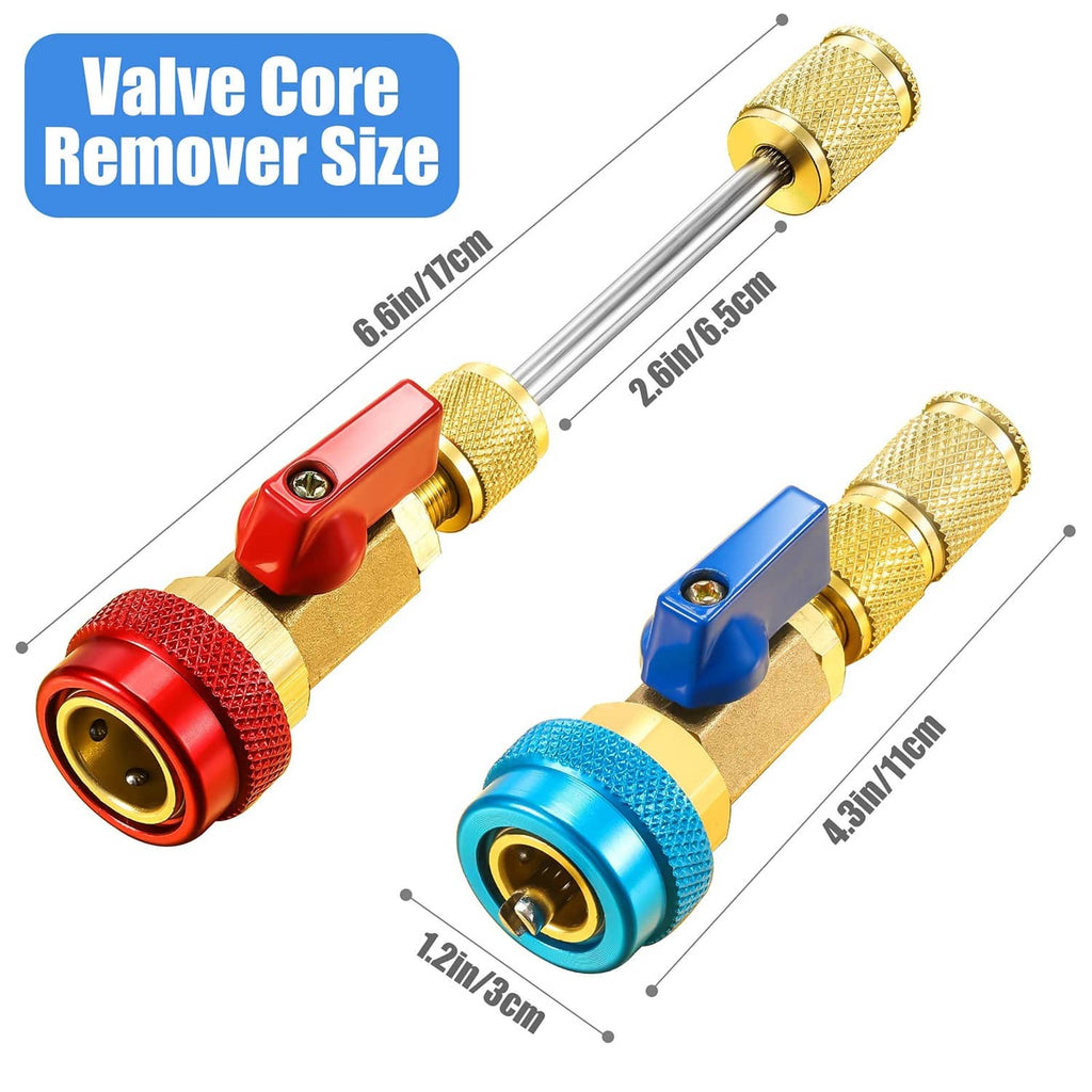 Valve core remover with gold textured handles, red and blue parts, and two tools