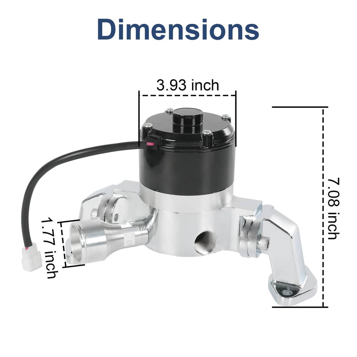Electric water pump with black housing, chrome mounting brackets, and attached hoses
