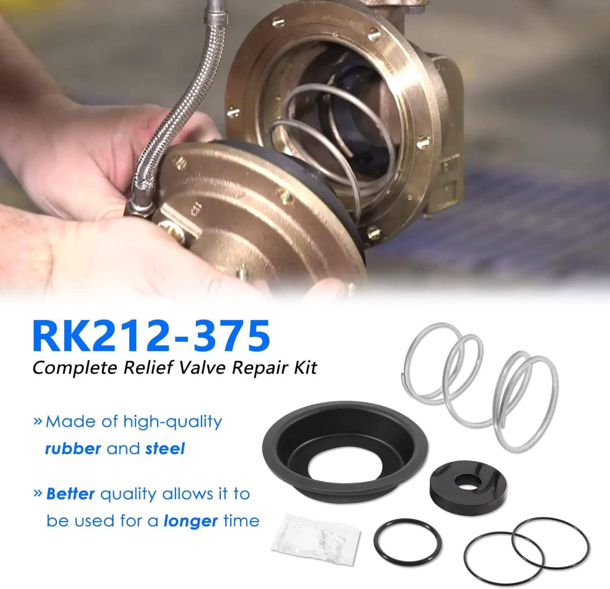 Relief valve repair kit components with black gasket, O-rings, and spring parts