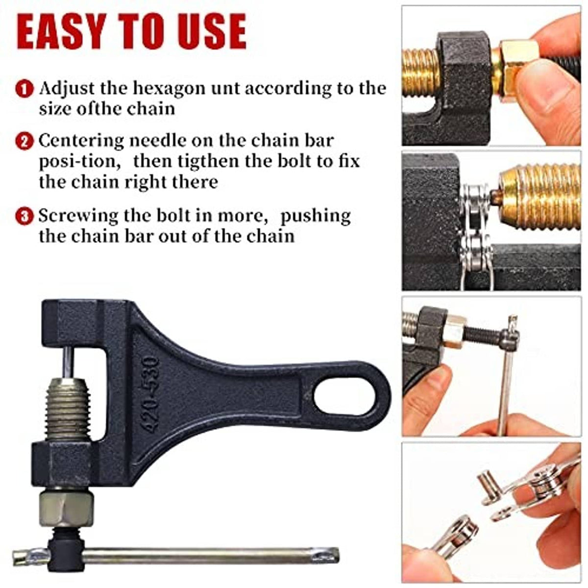 Black chain breaker tool with threaded adjuster bolt and long handle rod