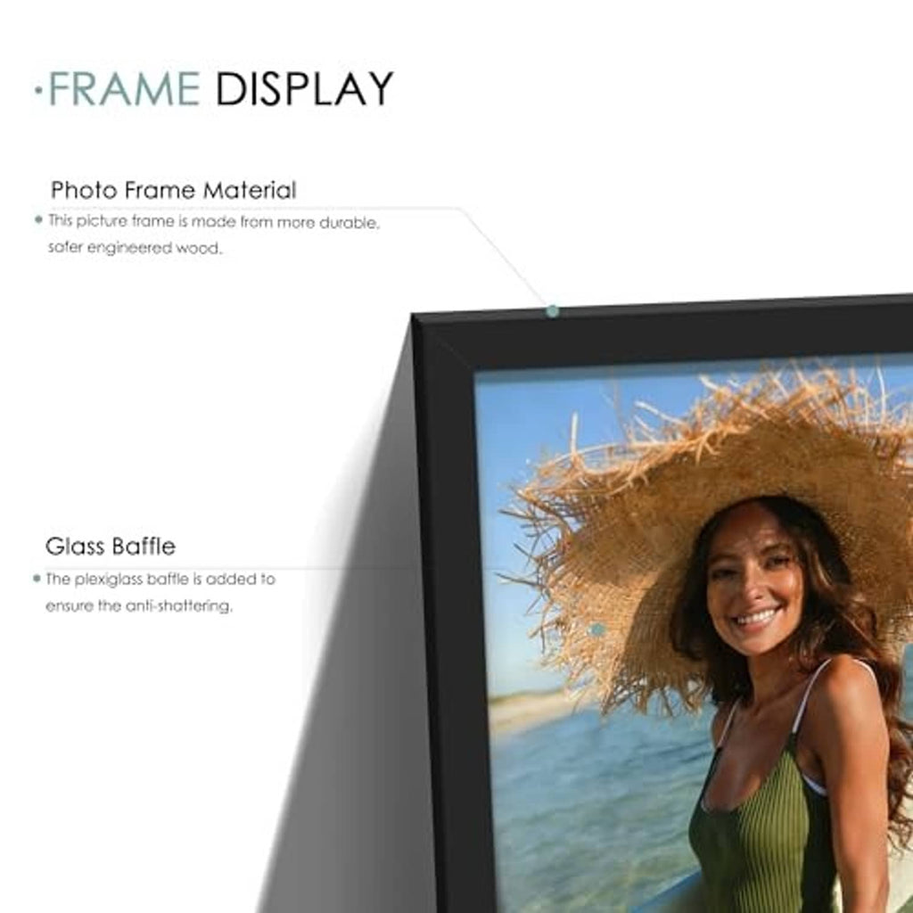 Black photo frame with clear plexiglass protective cover and mdf backing