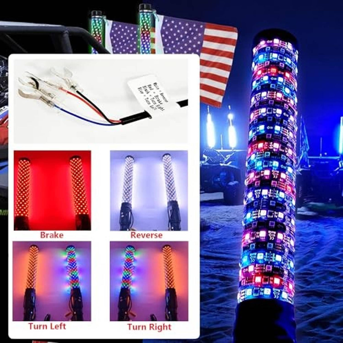 RGB LED whip light tube showing turn-signal effects beside a US flag backdrop.