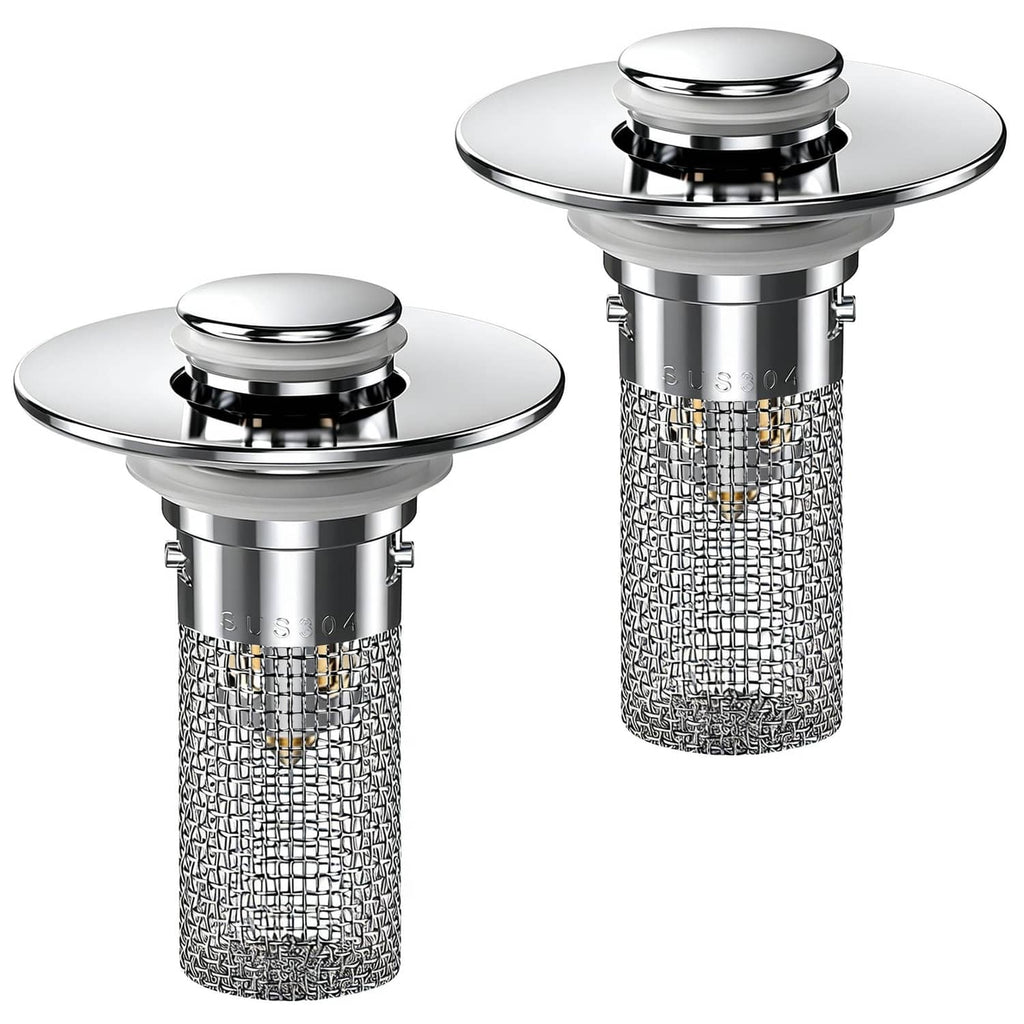 Set of two chrome pop-up drain hair catcher stoppers with mesh baskets