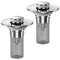 Set of two chrome pop-up drain hair catcher stoppers with mesh baskets