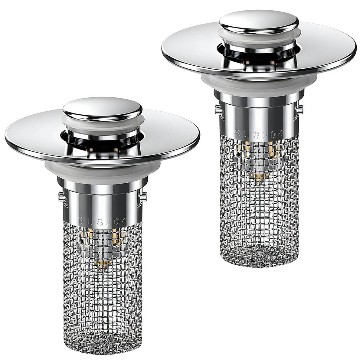 Set of two chrome pop-up drain hair catcher stoppers with mesh baskets