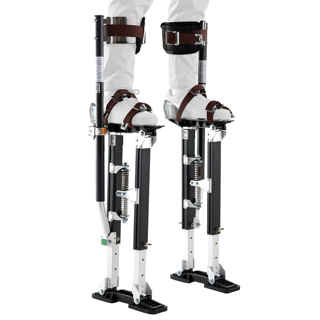 Pair of adjustable drywall stilts with calf pads, brown straps, and black non-slip base plates