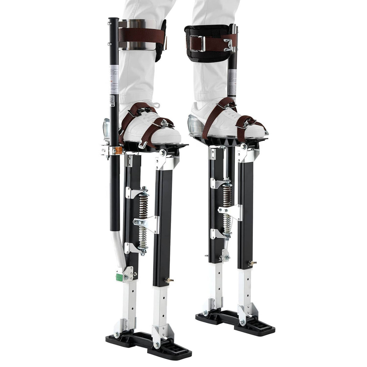 Pair of adjustable drywall stilts with calf pads, brown straps, and black non-slip base plates