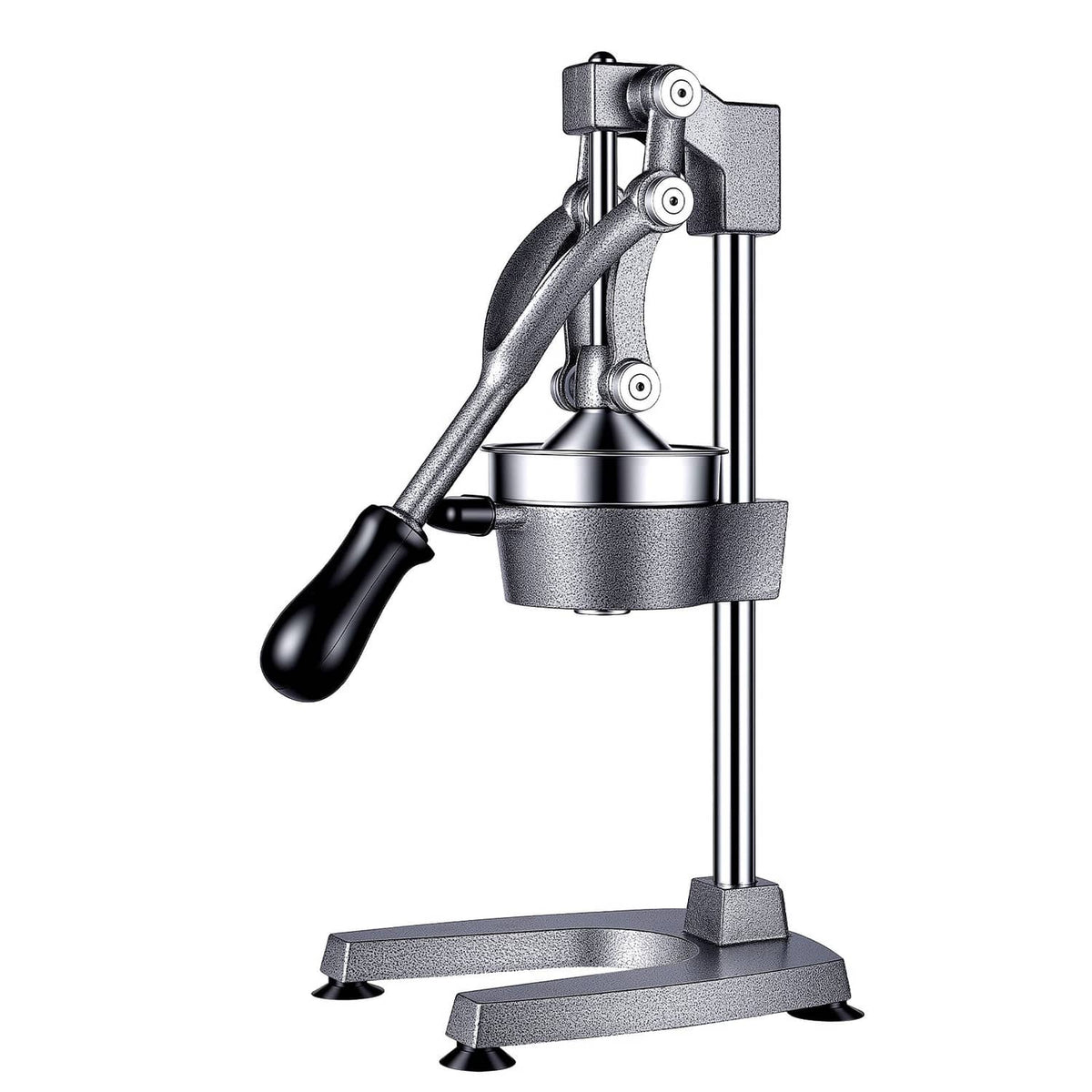 Front view manual citrus juicer with tall stand, silver-gray lever and press cup