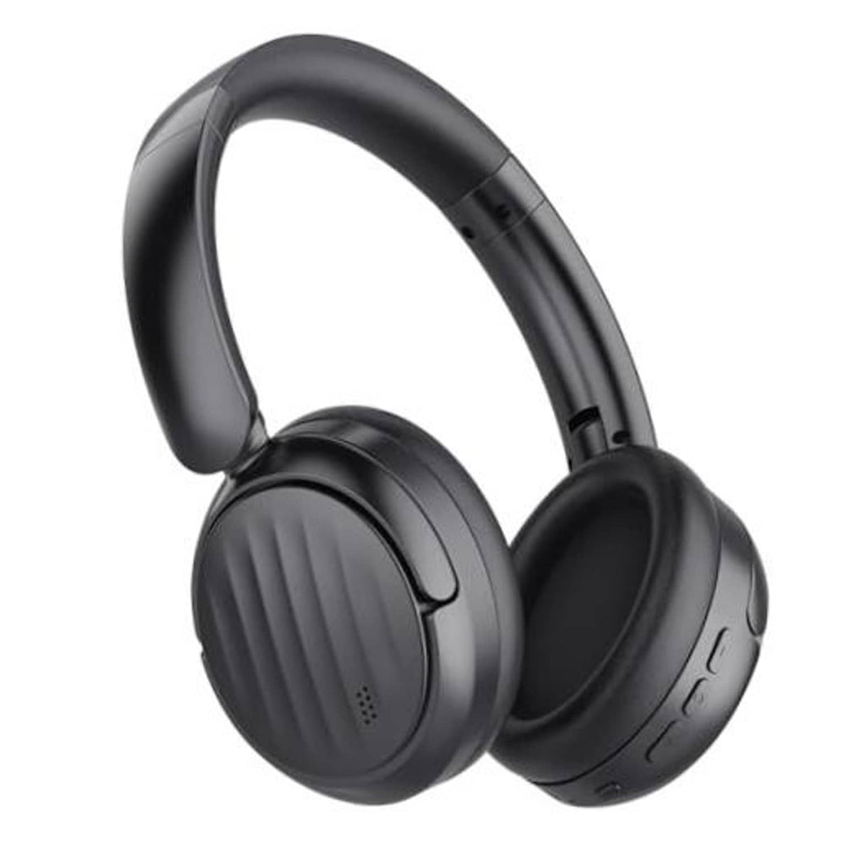 Black over-ear Bluetooth headphones, side view with padded headband and ear cups