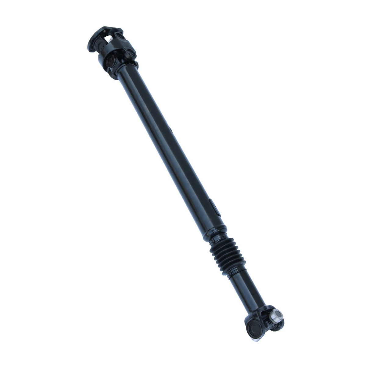 Front drive shaft assembly with splined coupler end, black steel and silver