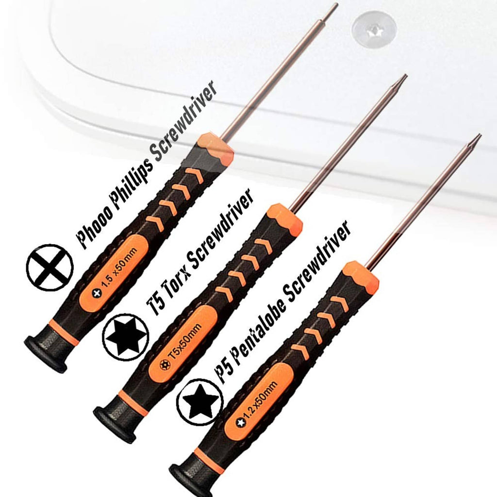 Precision screwdriver set with orange-and-black handles and four different star-shaped tips