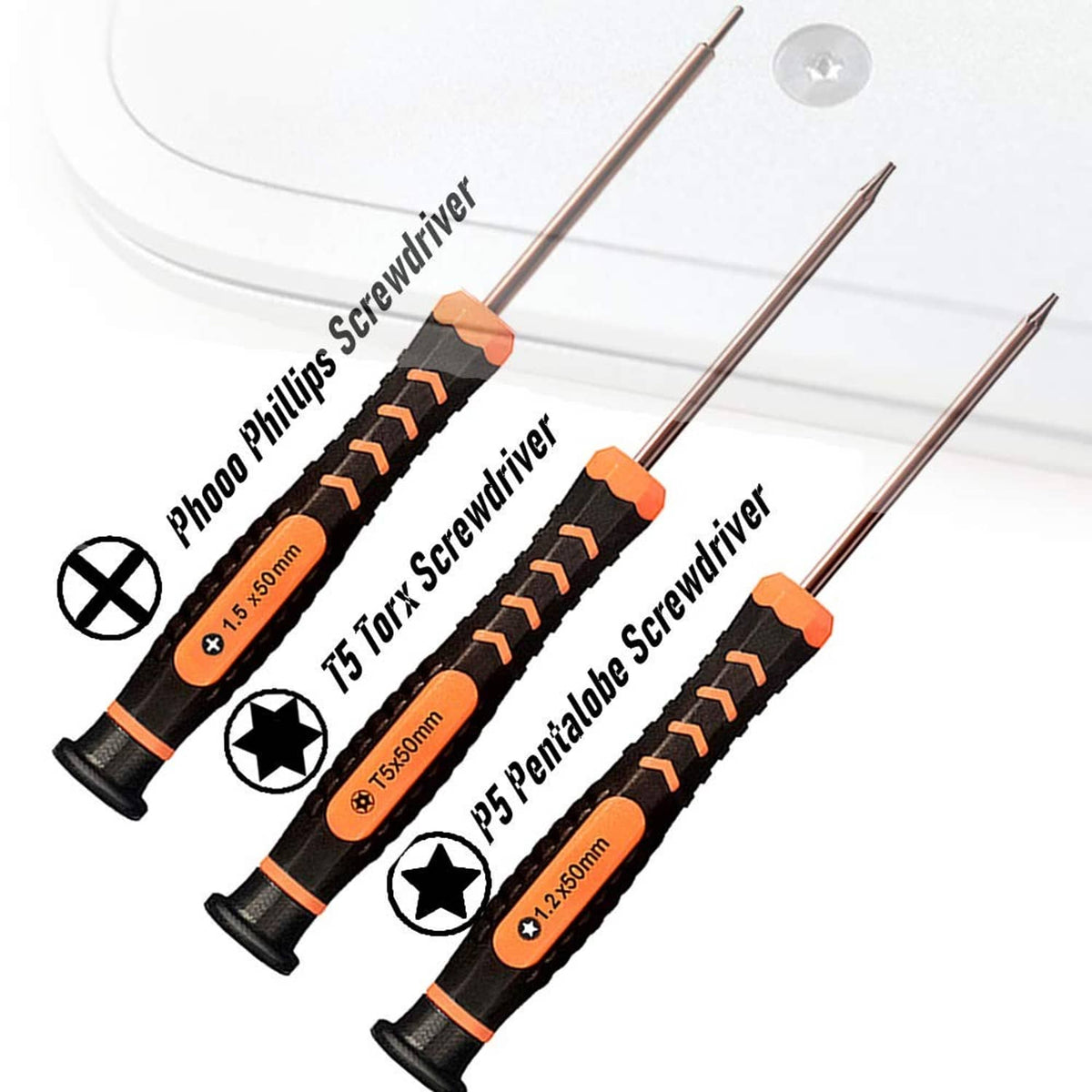 Precision screwdriver set with orange-and-black handles and four different star-shaped tips
