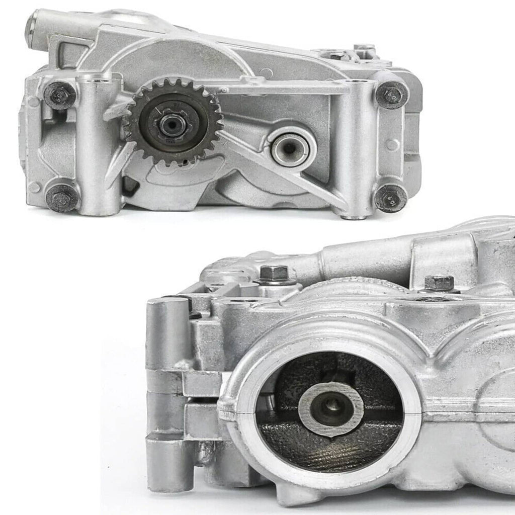 Aluminum shaft balance oil pump, two-angle view of metal housing ports