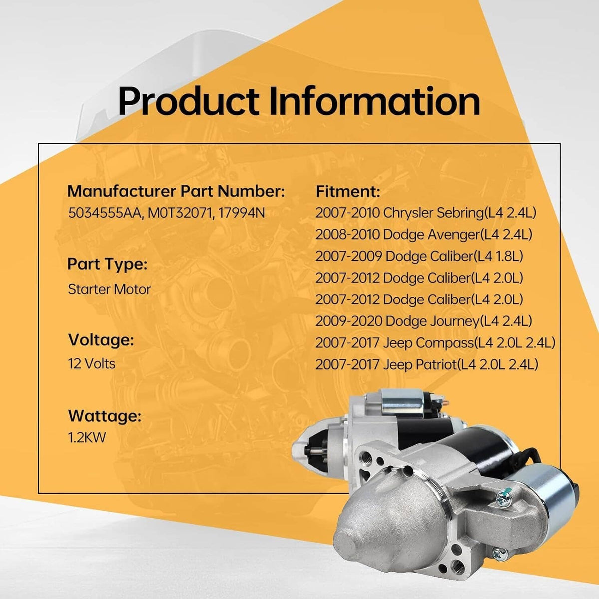 Starter motor with silver body and black cylinder, shown beside product information panel