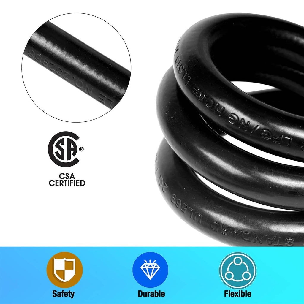 Certified propane grill regulator hose with black rubber tubing and CSA marking