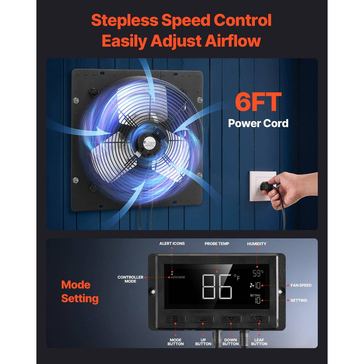 Wall-mounted shutter exhaust fan with speed controller display and power cord shown